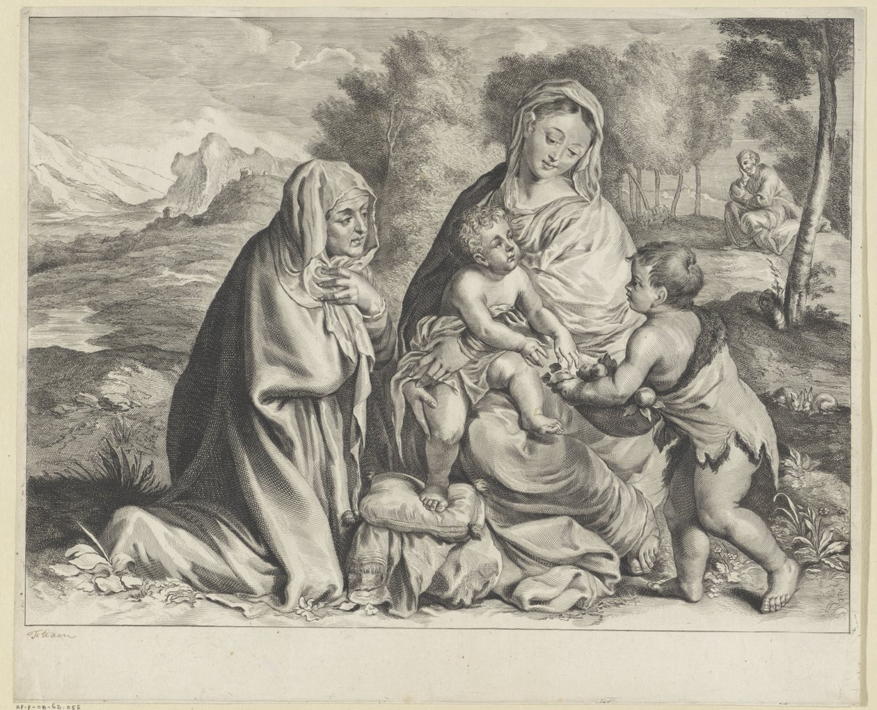 Landskap med den hellige familie, døperen Johannes og Elizabeth av Cornelis Visscher (II)