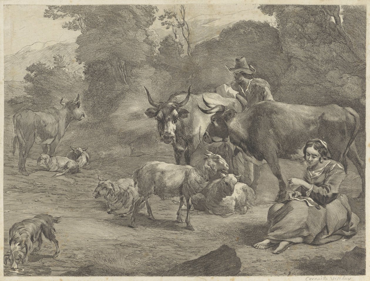 Landskap med en hyrde og en sy hyrde av Cornelis Visscher (II)