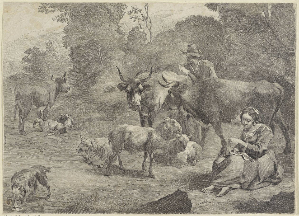 Landskap med en hyrde og en sy hyrde av Cornelis Visscher (II)