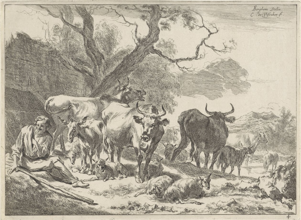 Hvilende gammel gjeter med flokken sin Landskap (serietittel) av Cornelis Visscher (II)