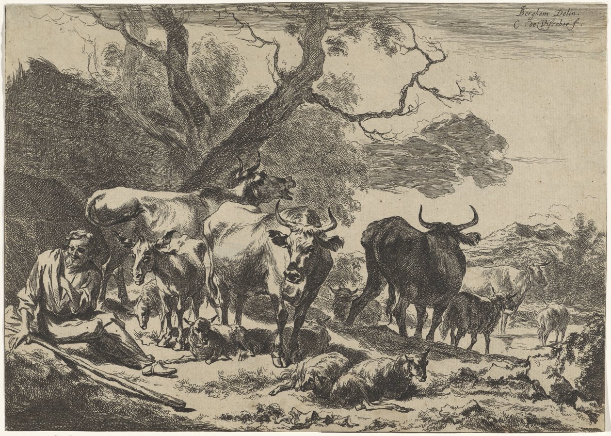 Hvilende gammel gjeter med flokken sin Landskap (serietittel) av Cornelis Visscher (II)