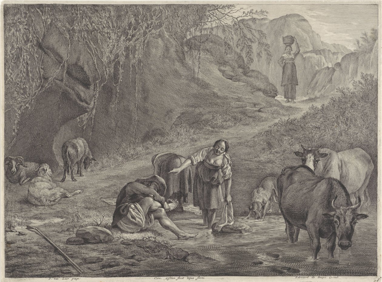 Vaskedamer og en gjeter ved vannkanten av Cornelis Visscher (II)