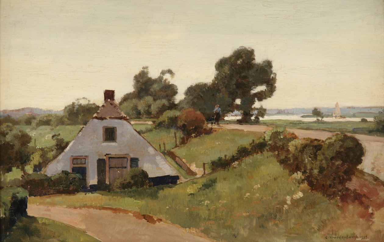 ved dike; våningshus nær elven IJssel, 1935 av Cornelis Vreedenburgh