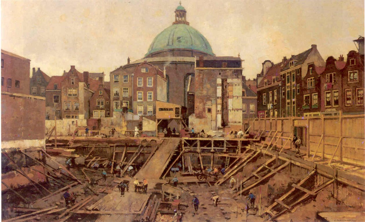 Byggeplass ved Hekelveld med den Runde lutherske kirke av Cornelis Vreedenburgh