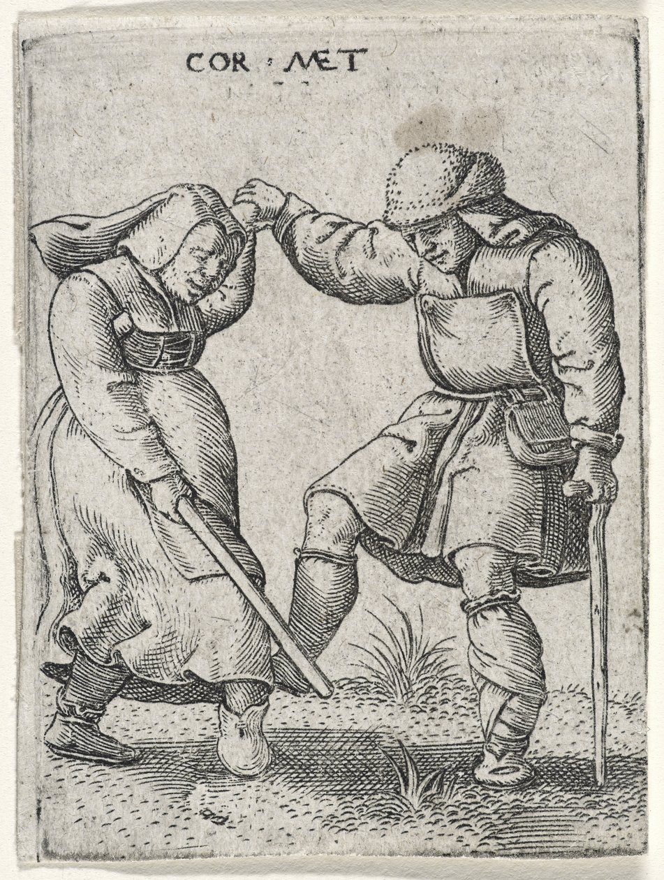 En mann med en bandasjert fot danser med en kvinne, 1572 (gravering på lagt papir) av Cornelis after Massys