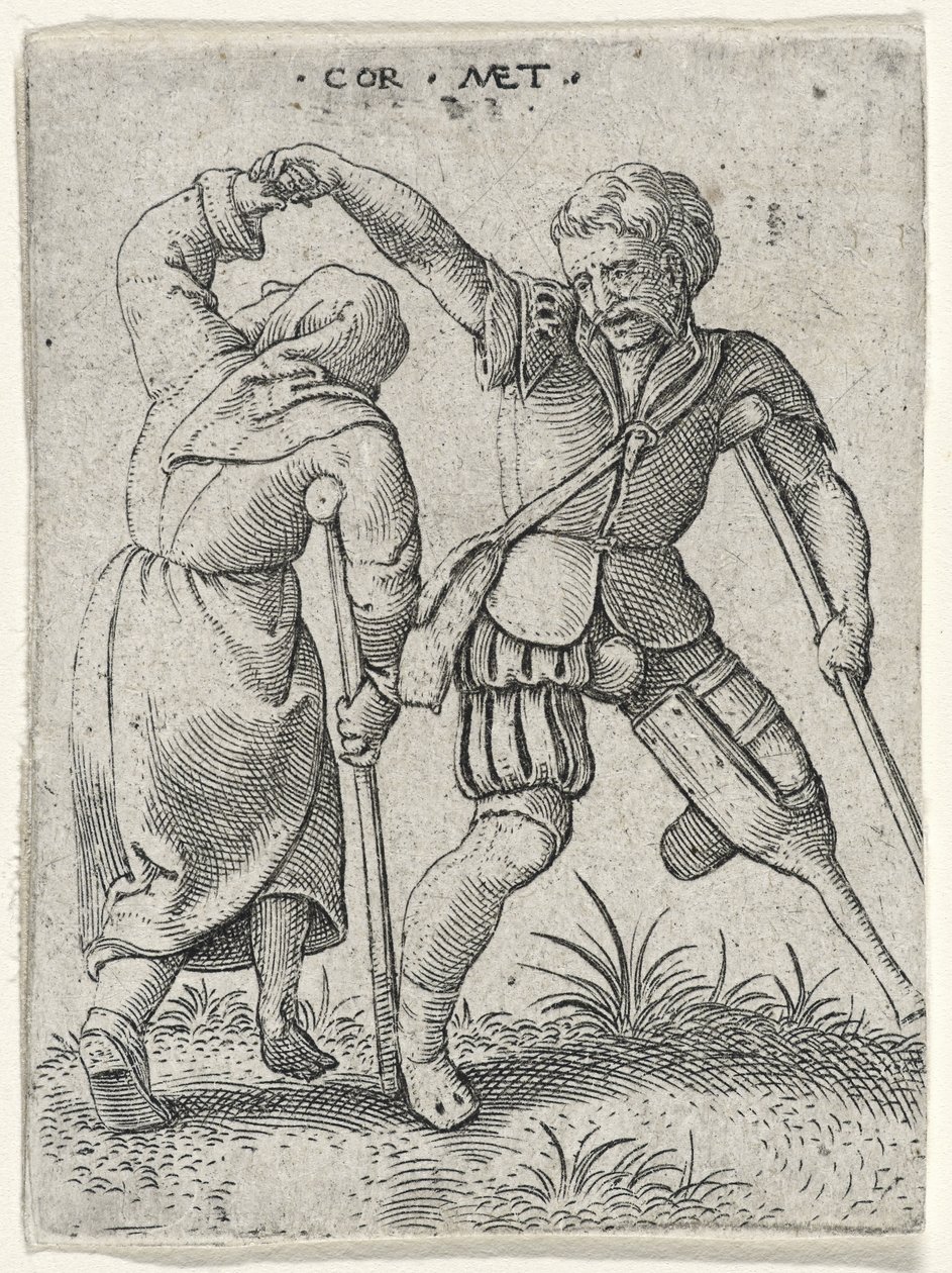 En mann med et treben som snur en halt kvinne under armen, 1572 (gravering på lagt papir) av Cornelis after Massys