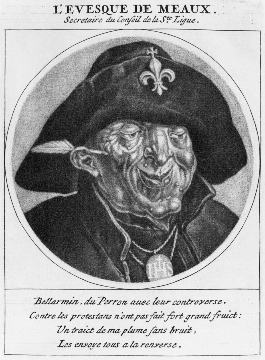Protestantisk karikatur av Bossuet, biskop av Meaux, illustrasjon fra Les Heros de La Ligue ou La Procession monacale, ledet av Louis XIV, for omvendelsen av protestantene i hans rike, Paris, av Cornelis and Gole, Jacob Dusart