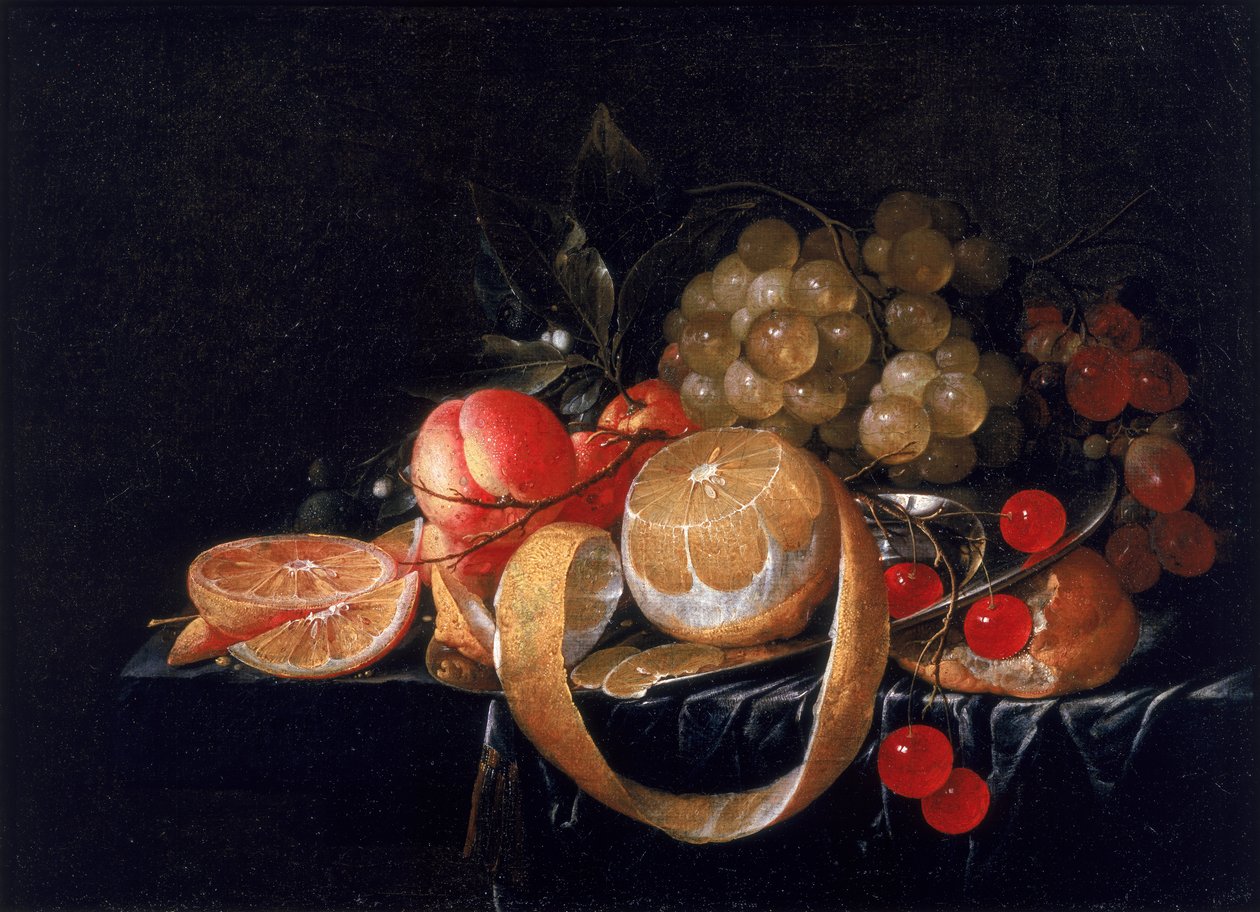 Et stilleben med en sitron, druer, kirsebær og aprikoser på en tinntallerken av Cornelis de Heem