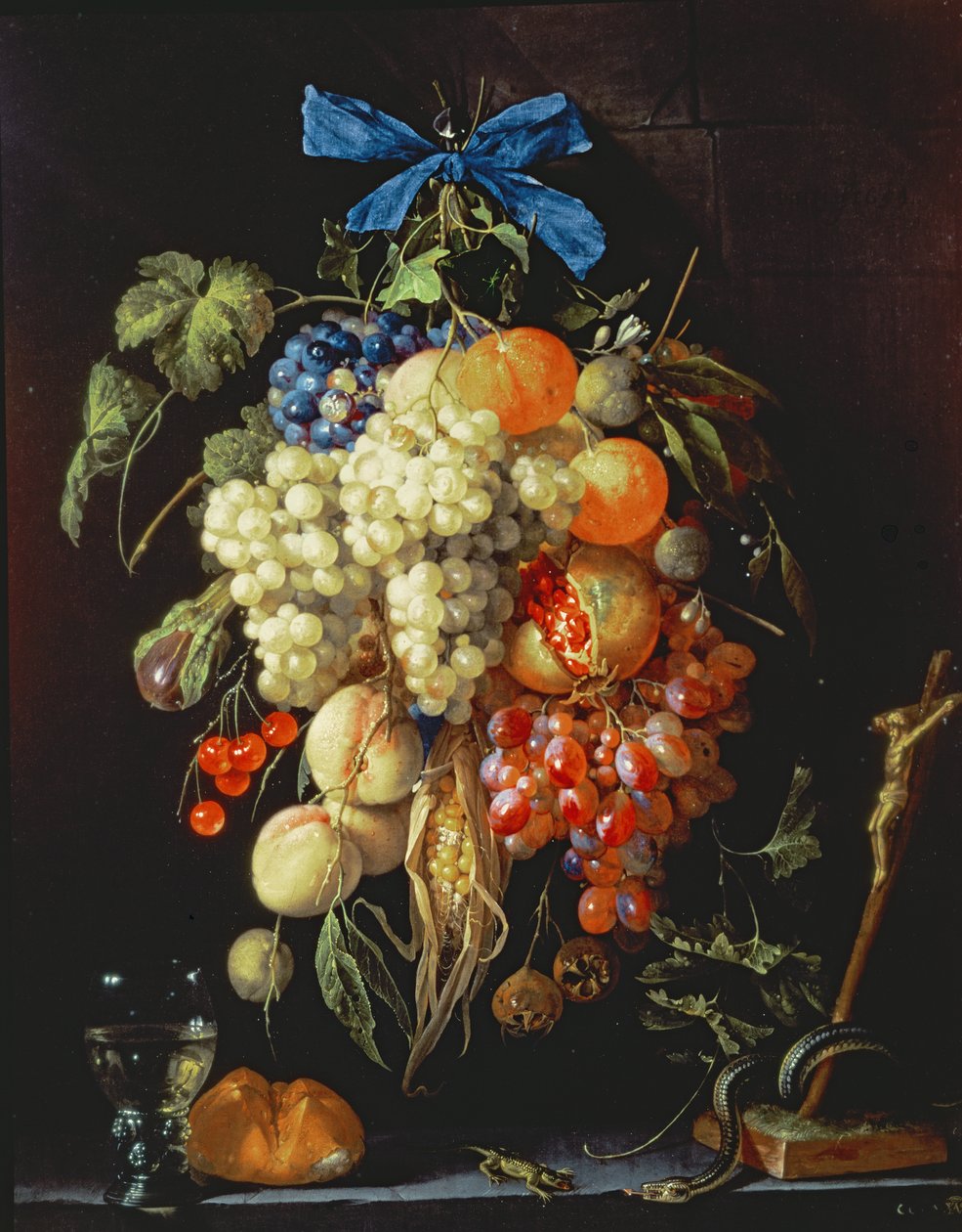 Bukett med frukt med eukaristiske symboler på en avsats nedenfor av Cornelis de Heem