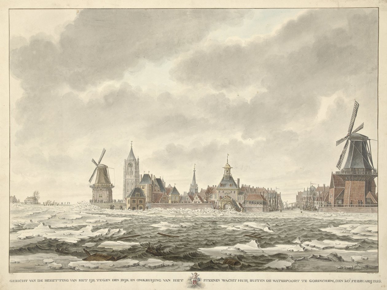 Utsikt over okkupasjonen av isen utenfor Waterpoort i Gorinchem, 20. februar 1799 av Cornelis de Jonker
