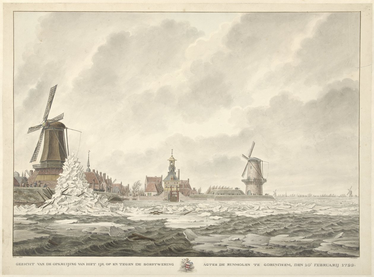Utsikt over isens topp, på og mot brystningen bak Runmolen i Gorinchem, 20. februar 1799 av Cornelis de Jonker