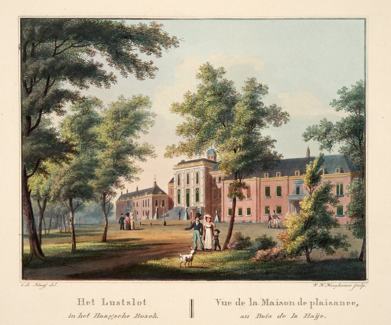 Lustslot i Haagsche Bosch. Vue de la Maison de plaisance, au Bois de la Haije, 1825 (håndfarget gravering) av Cornelis de Kruyff