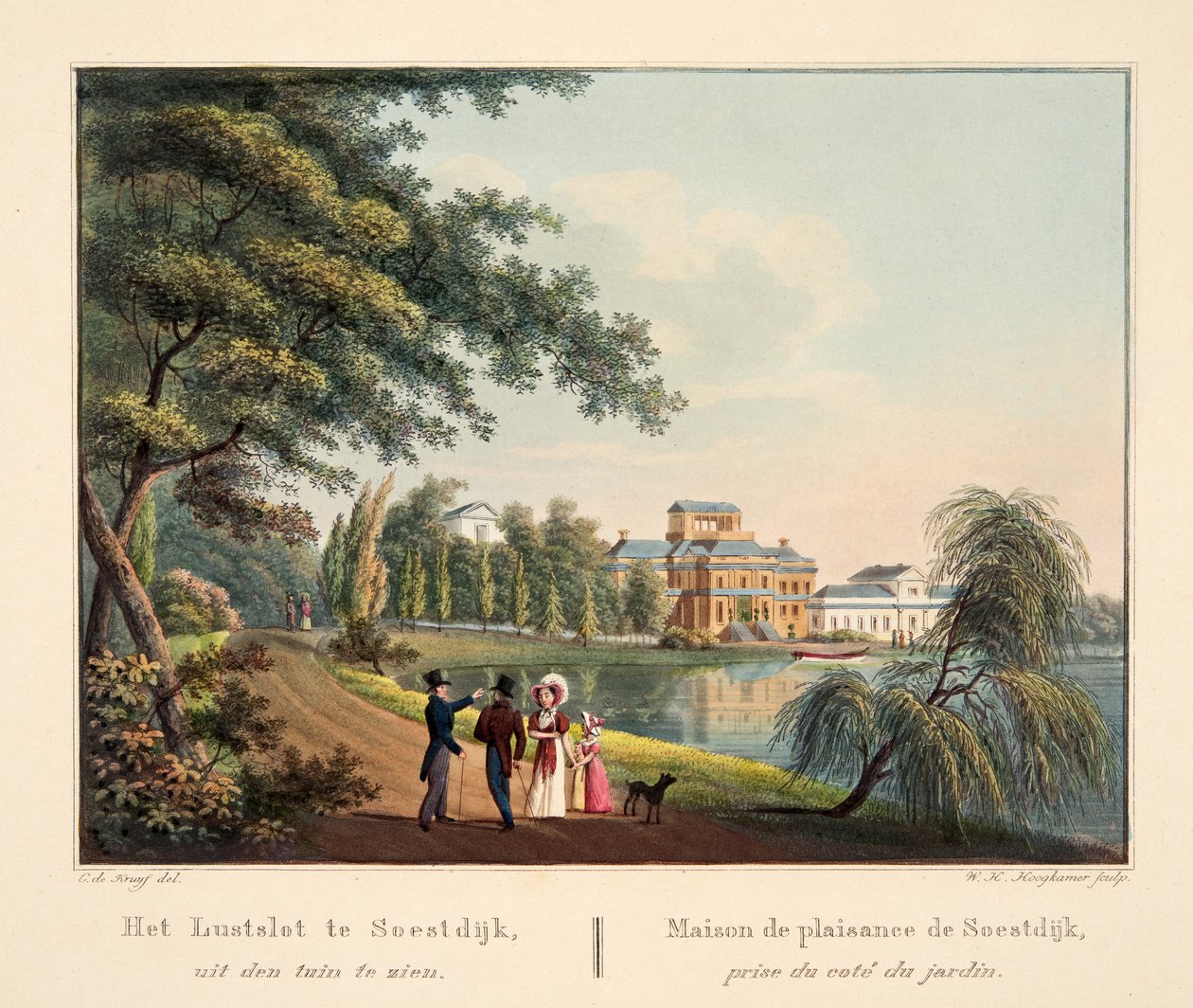 Lustslot i Soestdijk, sett fra hagen. Maison de plaisance de Soestdijk prize du coté du jardin, 1825 (håndfarget gravering) av Cornelis de Kruyff