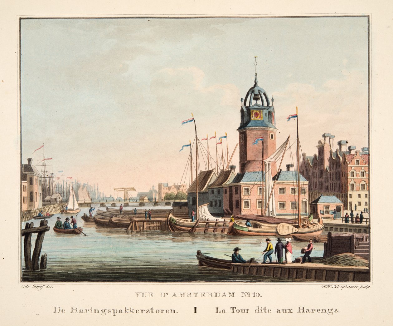 Utsikt over Amsterdam No.10. Fra Haringspakkerstoren. La Tour dit aux Harengs, 1825 (håndfarget gravering) av Cornelis de Kruyff