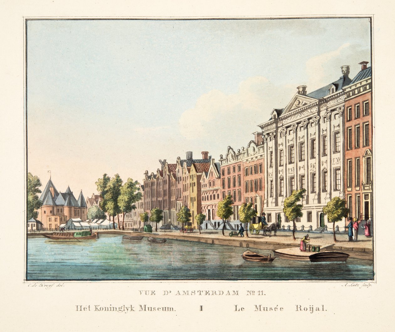 Vue d'Amsterdam No.11. Det kongelige museum. Le Musée Roijal, 1825 (håndfarget gravering) av Cornelis de Kruyff