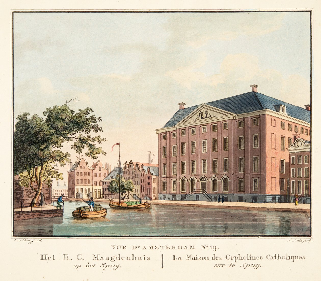 Utsikt over Amsterdam No.19. Het R.C. Maagdenhuis op het Spuij. Huset til katolske foreldreløse barn på Spuij, 1825 (håndfarget gravering) av Cornelis de Kruyff