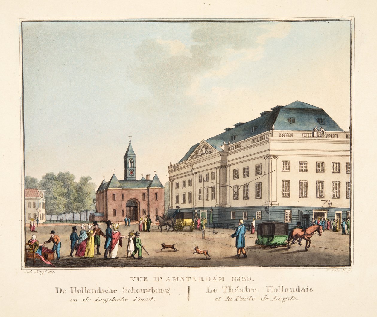 Utsikt over Amsterdam nr. 20. De Hollandsche Schouwburg en de Leydsche Poort. Det nederlandske teateret og havnen i Leyden, 1825 (håndfarget gravering) av Cornelis de Kruyff