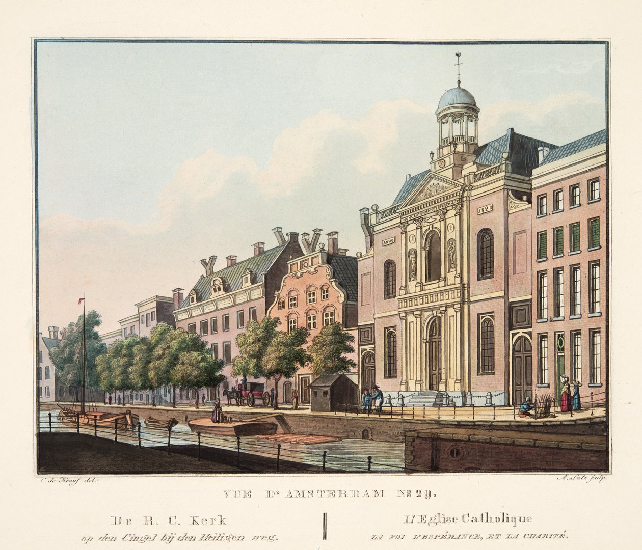Utsikt over Amsterdam No.29. Fra R.C. Kerk op den Cingel bij den Heiligen weg. Den katolske kirke Tro, håp og nestekjærlighet, 1825 (håndfarget gravering) av Cornelis de Kruyff
