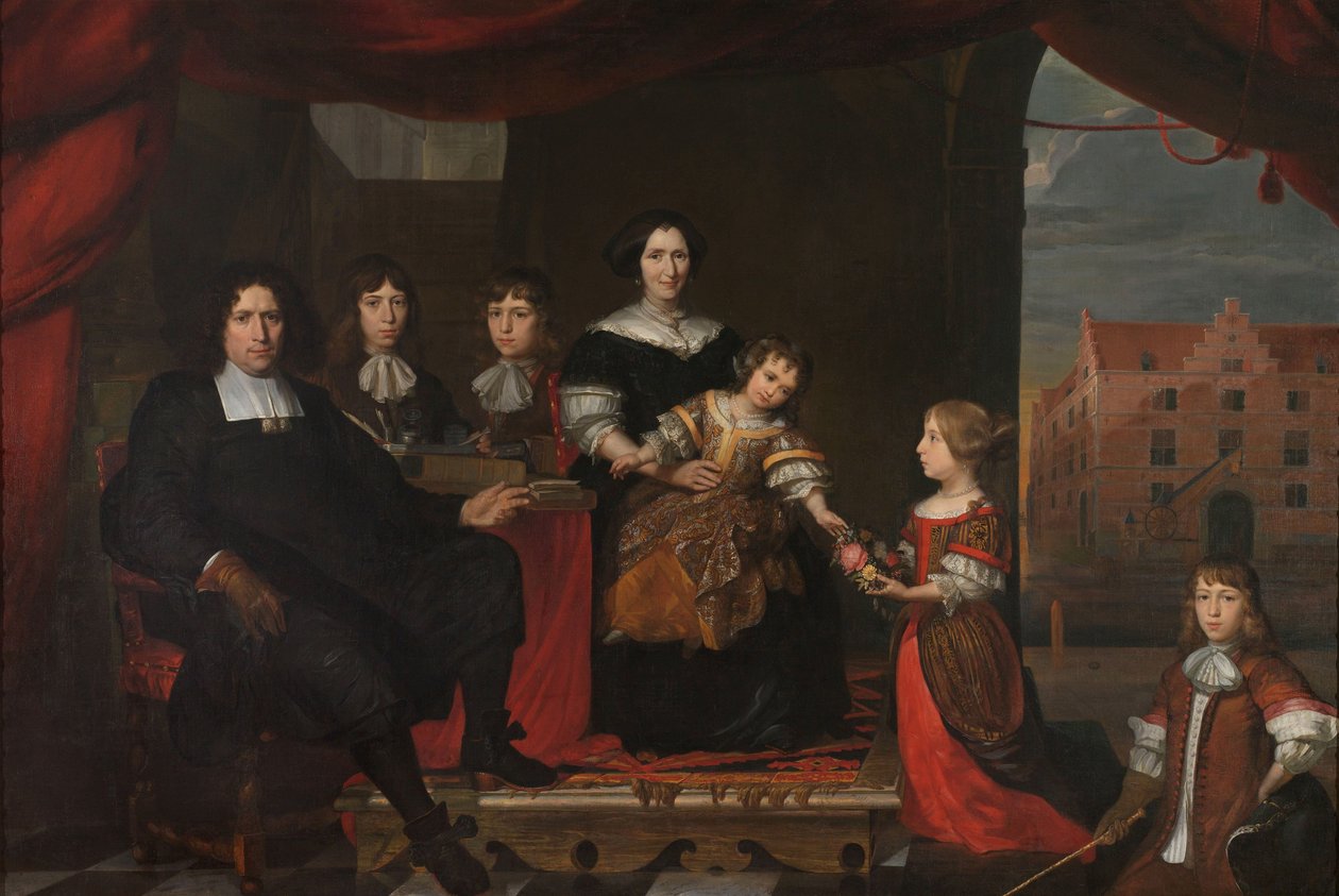 Reyer Reyersz van der Burch (1630-1695), ammunisjonsoffiser knyttet til Generalstatenes arsenal, Delft, med sin kone Geertruid Graswinckel og deres barn Frank, Cornelis, Reyer, Maria og Alida av Cornelis de Man (attributed to)