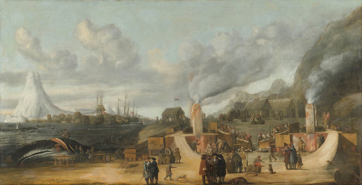 Hvaloljeraffineriet nær landsbyen Smerenburg En hvaloljefabrikk fra Nordic or Greenland Company på Amsterdamøya ved nordenden av Spitzbergen (Svalbard) av Cornelis de Man