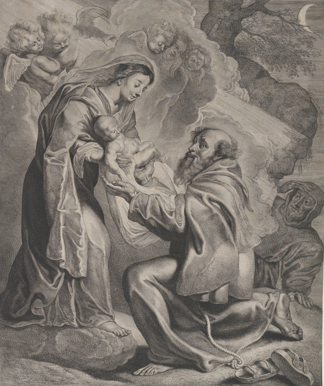 Visjonen om Saint Francis, knelende til høyre, mottar Kristusbarnet fra Jomfruen..., 1650. av Cornelis de Visscher