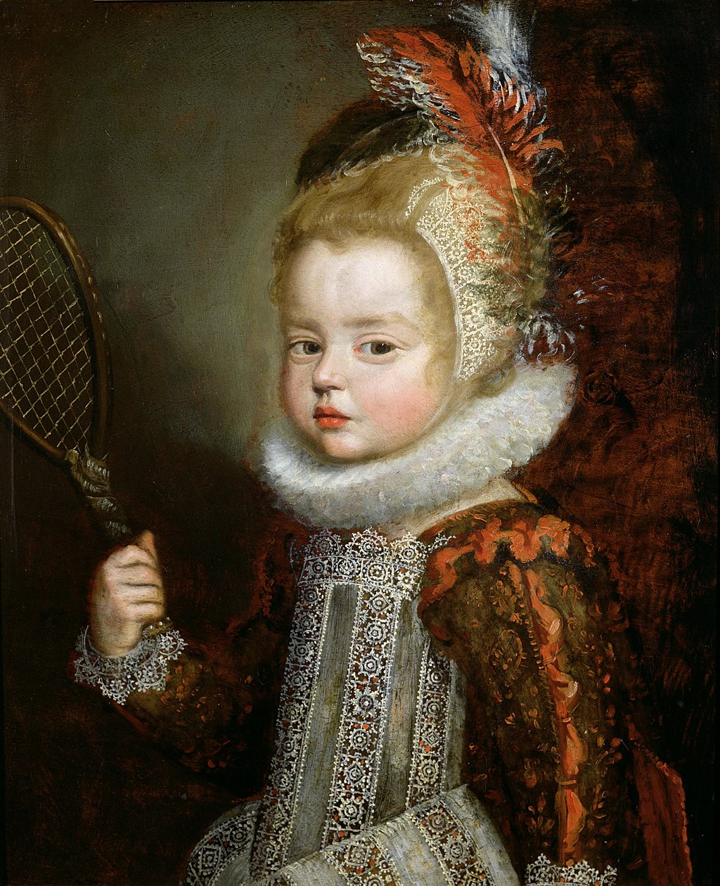 Et portrett av et barn som holder en racket (olje på panel) av Cornelis de Vos