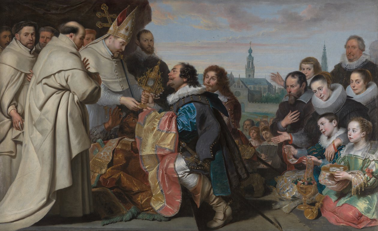 Tilbakeleveringen av kirkens skatter til Saint Norbert etter nederlaget til kjetteren Tankelin, med et portrett av Snoeck-familien av Cornelis de Vos