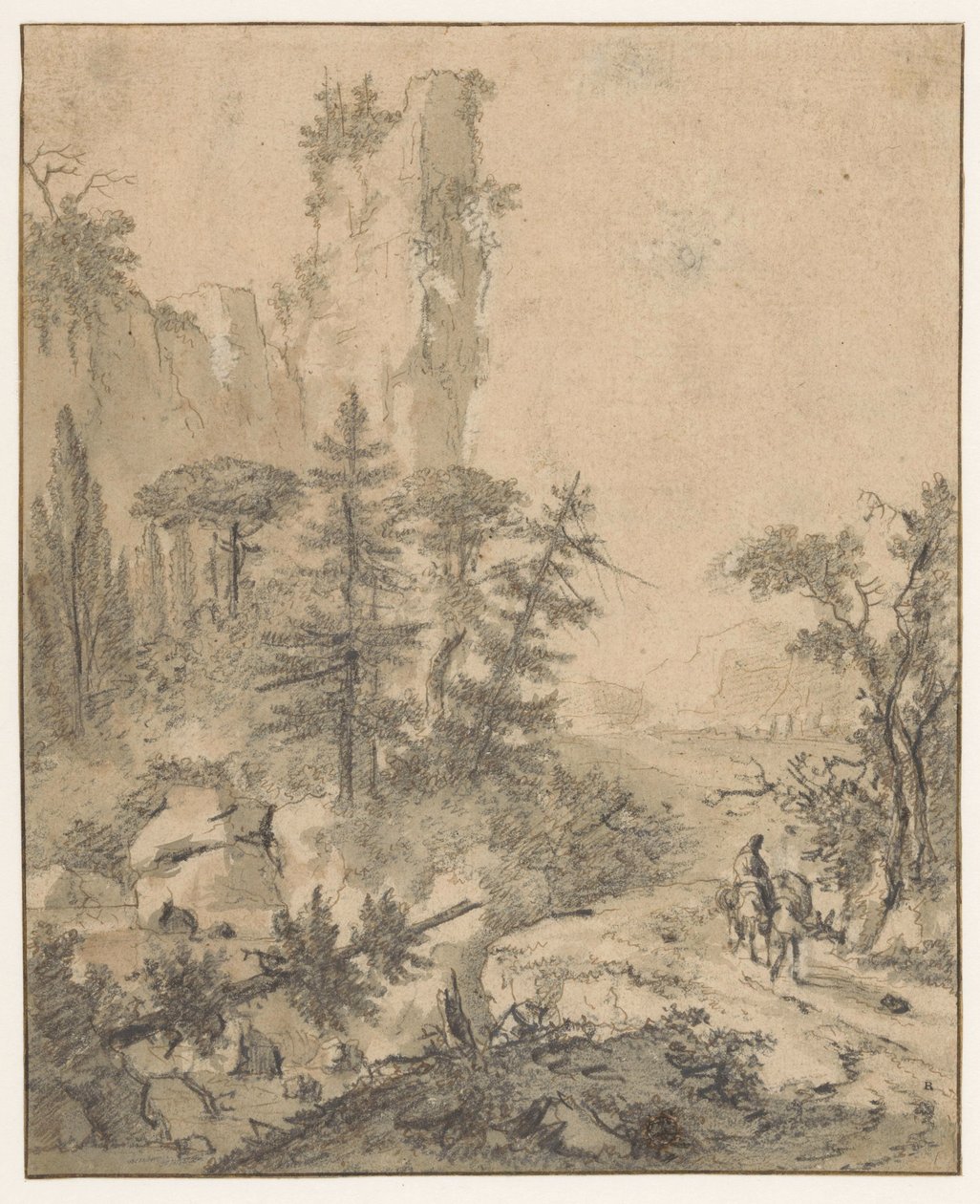 Fjellvei med mann med to muldyr av Cornelis de Wael