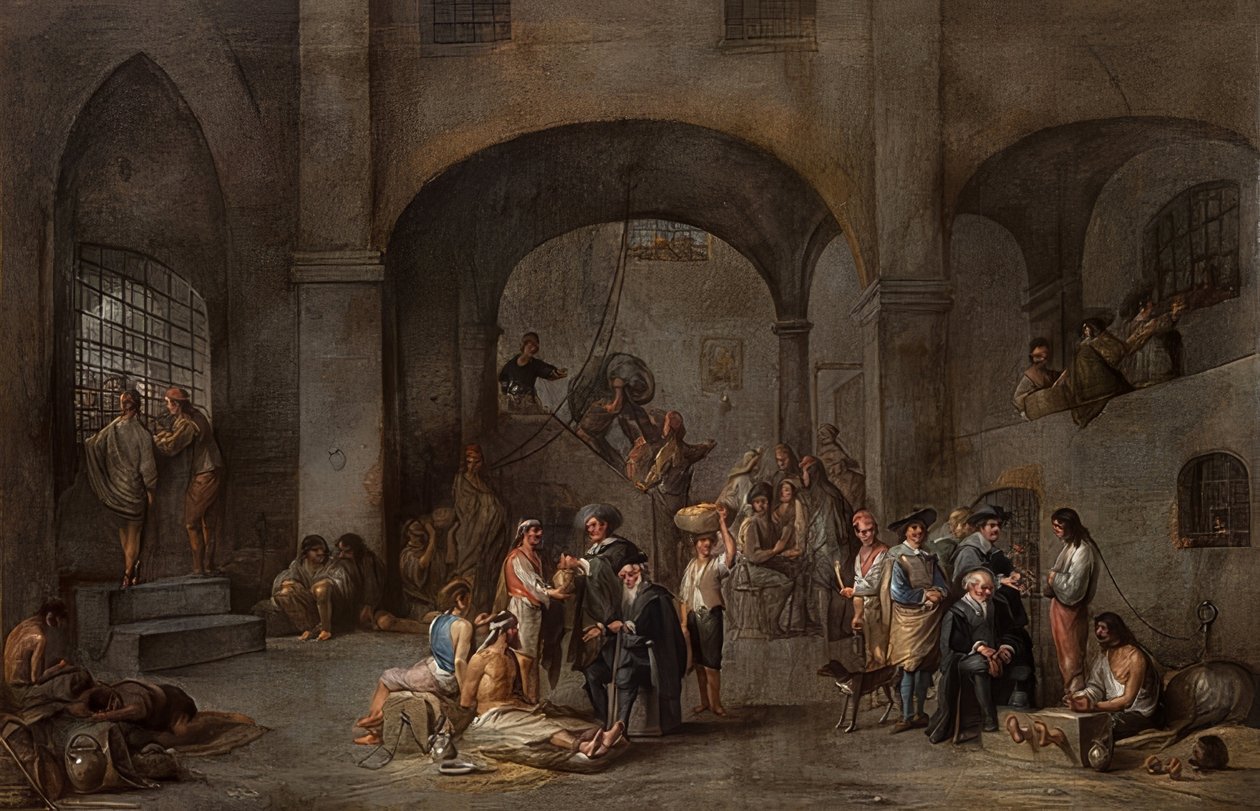 Å besøke fangene (Fra en syklus med de syv barmhjertighetsverkene). Rundt 1640 av Cornelis de Wael