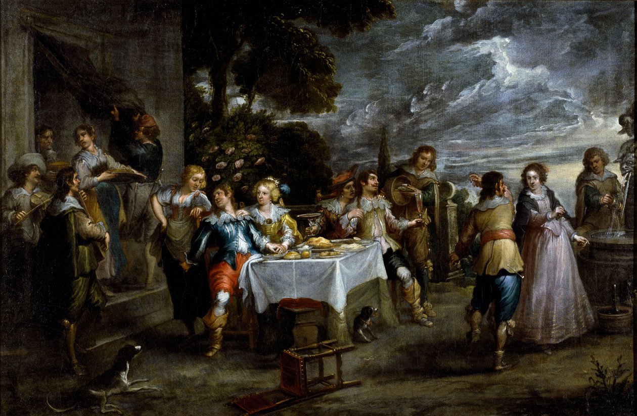 Historien om den fortapte sønnen: forsvinning. Maleri av Cornelis De Wael (1592-1667), rundt 1630-1639. flamsk kunst. Olje på lerret. Mål: 57x86cm. Gener, Privee Collection. av Cornelis de Wael