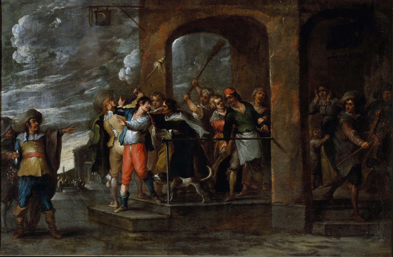 Historien om den fortapte sønnen: utvisning. Maleri av Cornelis De Wael (1592-1667), rundt 1630-1639. flamsk kunst. Olje på lerret. Mål: 57x86cm. Gener, Privee Collection. av Cornelis de Wael