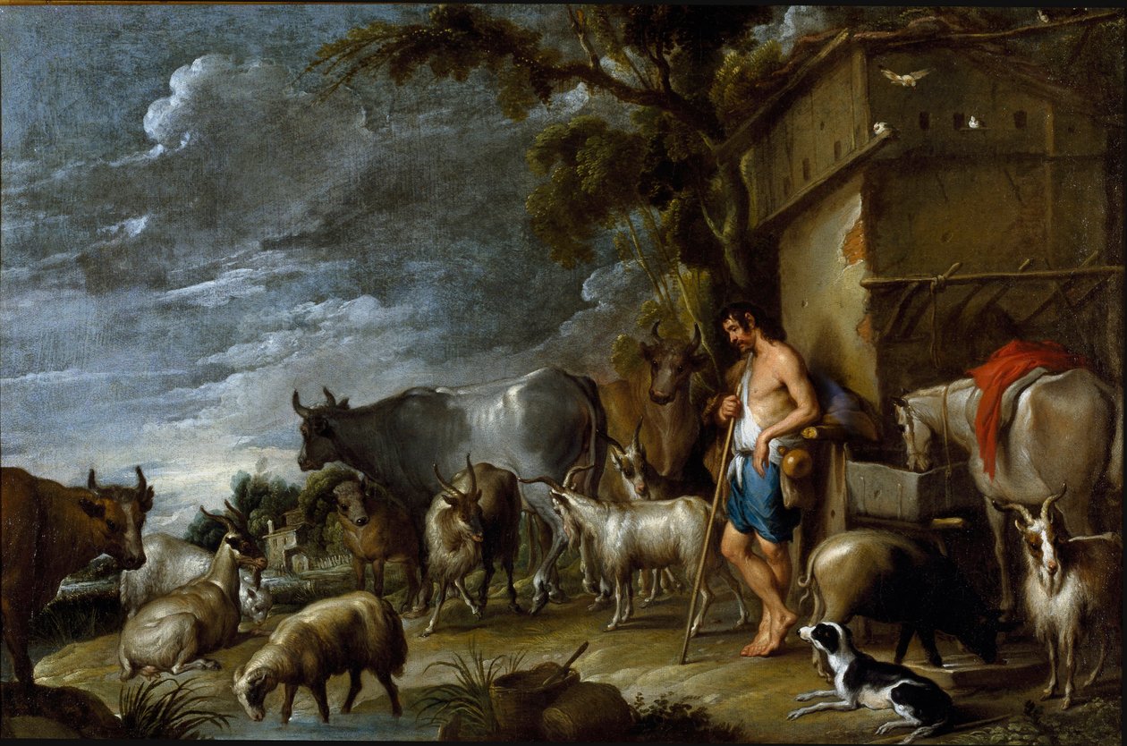 Maleri av Cornelis De Wael (1592-1667), rundt 1630-1639. flamsk kunst. Historien om den fortapte sønn: grisenes vakt. Flodholder med gris, belier, geit, ku, geit, hest, hund og sau. Olje på lerret. Mål: 57x86cm. Privat samling, Genes av Cornelis de Wael