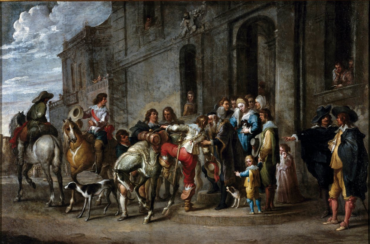 Bibelens lignelse: "" Den fortapte sønns bortgang"" Maleri av Cornelis De Wael (1592-1667) (ec.flam.) 1630-1639 Dim. 57x86 cm Gener, privat samling av Cornelis de Wael