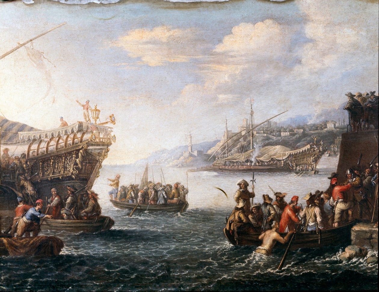 Soldater som tar fatt for å kjempe mot tyrkerne i havnen i Genoz (maleri av Cornelis de Wael