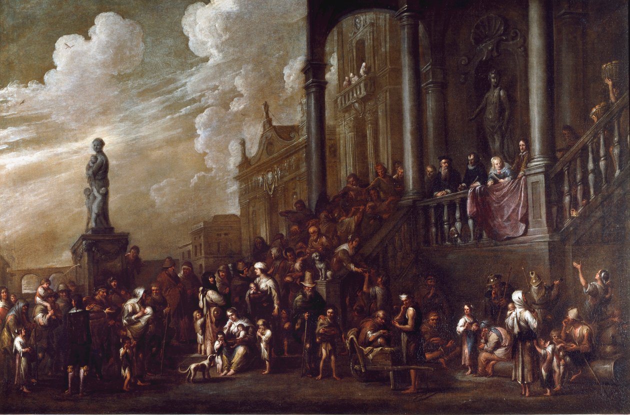 De syv verkene av kroppslig misericorde: "" gir mat til de sultne"" Maleri av Cornelis De Wael (1592-1667) (ec.flam) Gener, samling Banco di Chiavari av Cornelis de Wael
