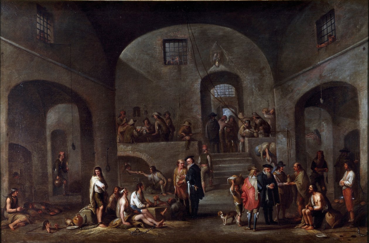 De syv verkene til korporal misericorde: "" fangenes besøk"" Maleri av Cornelis De Wael (1592-1667) (ec.flam) Gener, samling Banco di Chiavari av Cornelis de Wael