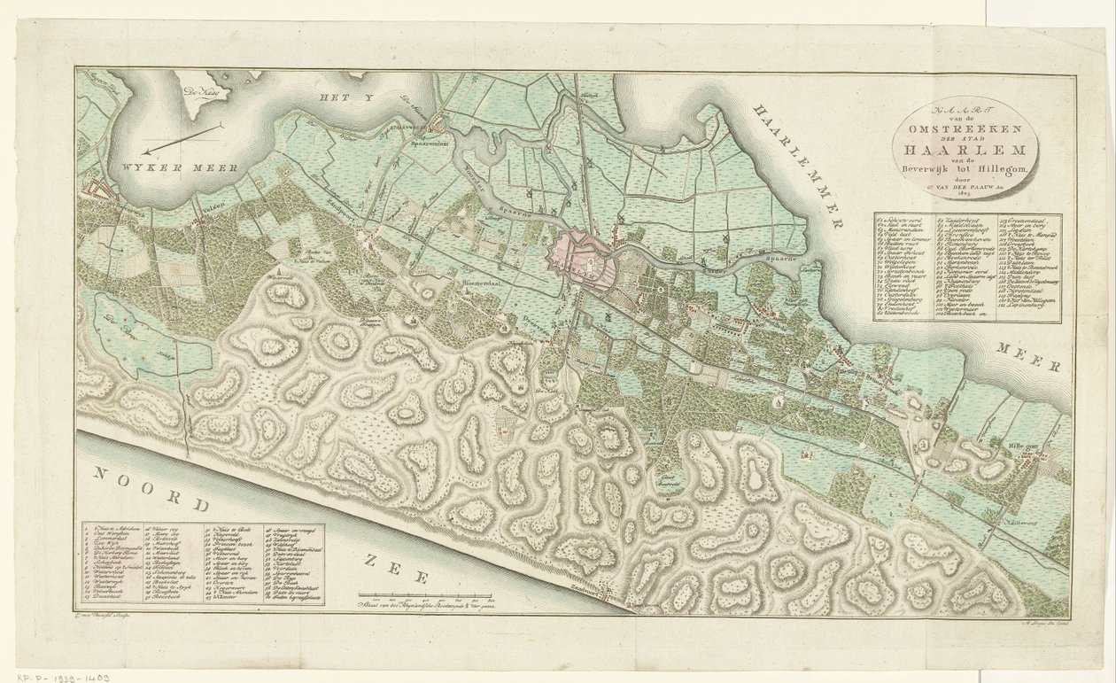 Kart over Haarlem og omegn Kart over omgivelsene til byen Haarlem fra Beverwijk til Hillegom (tittel på objekt) av Cornelis van Baarsel