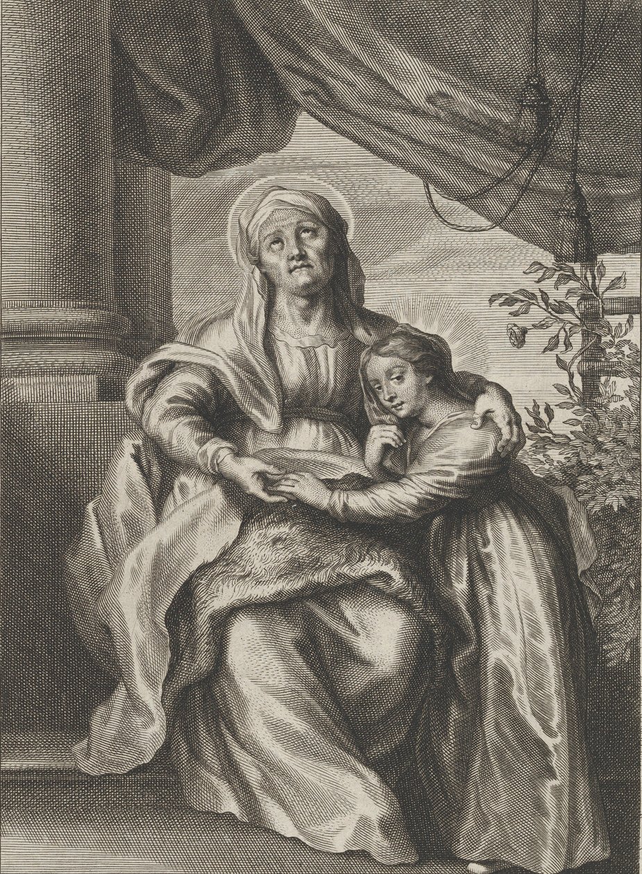 Jomfruens utdannelse, med Saint Anne sittende på en benk og ser oppover og ..., ca. 1645-78. av Cornelis van Caukercken