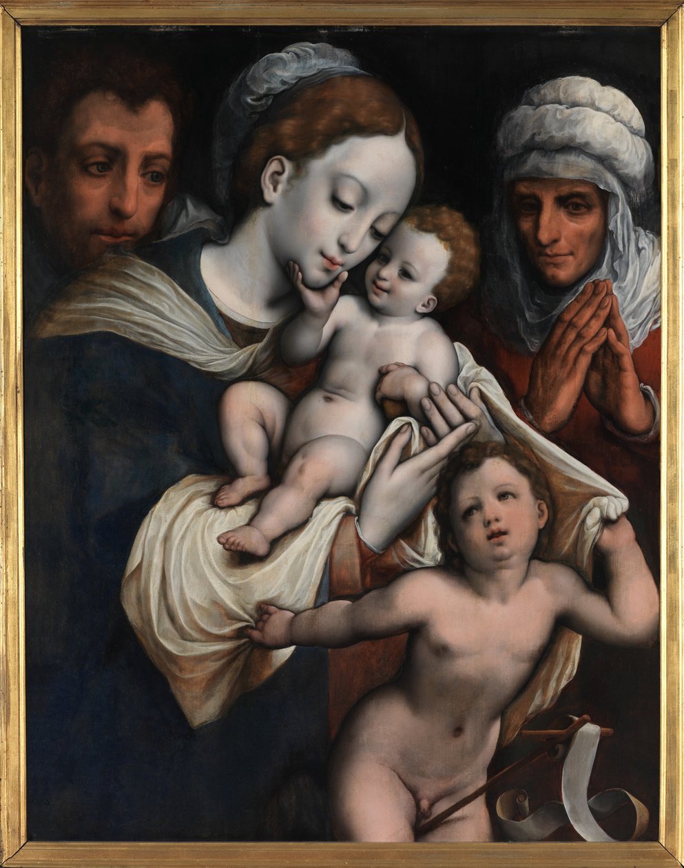 Hellig familie med Elisabeth og døperen Johannes (olje på panel) av Cornelis van Cleve