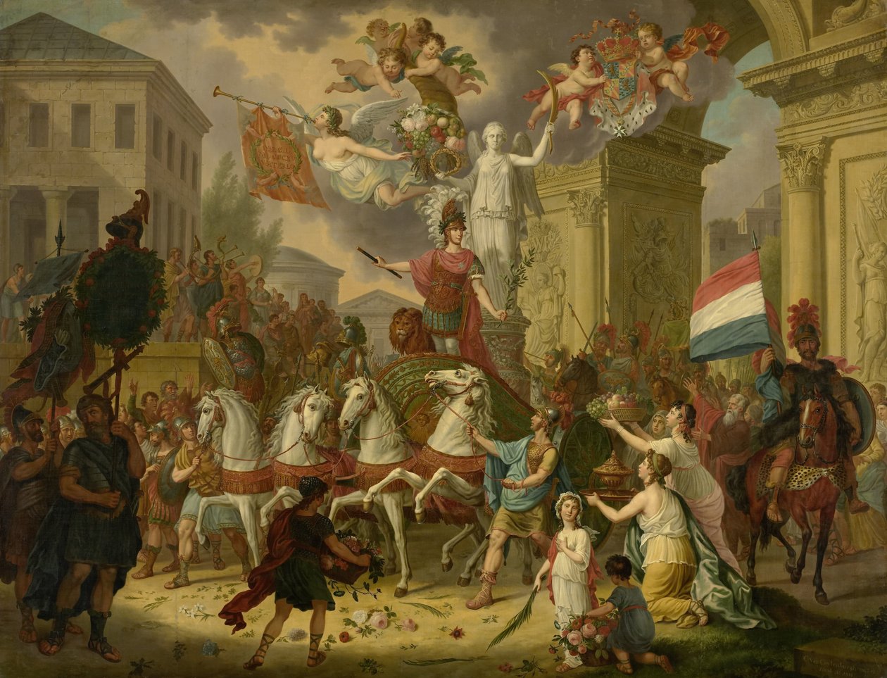 Allegori om triumftoget til prinsen av Orange, den fremtidige kong Willem II, som helten fra Waterloo, 1815 av Cornelis van Cuylenburgh (II) (signed by artist)