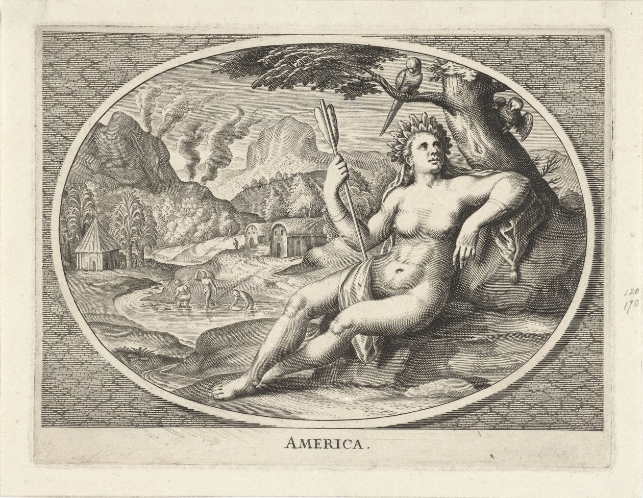 Kvinnelig personifisering av kontinentet Amerika som en kvinne med fjærhodeplagg og en pil i et landskap Amerika (tittel på objekt) av Cornelis van Dalen (II)