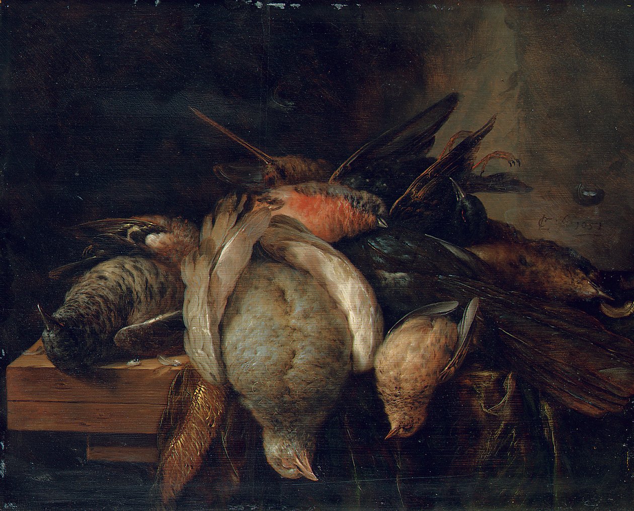 Døde fugler på en avsats, 1651 av Cornelis van Lelienbergh