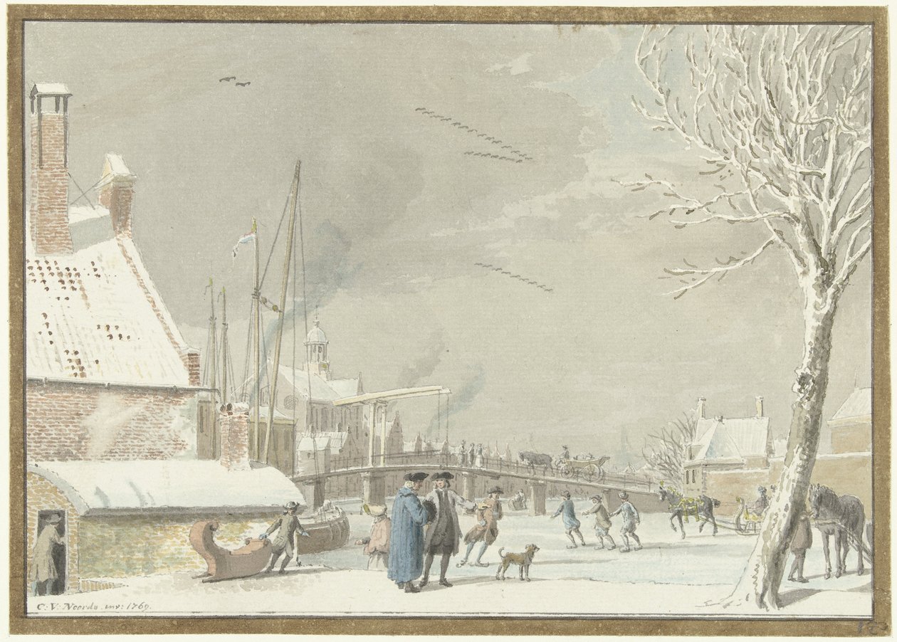 Frossen bykanal med skatere av Cornelis van Noorde