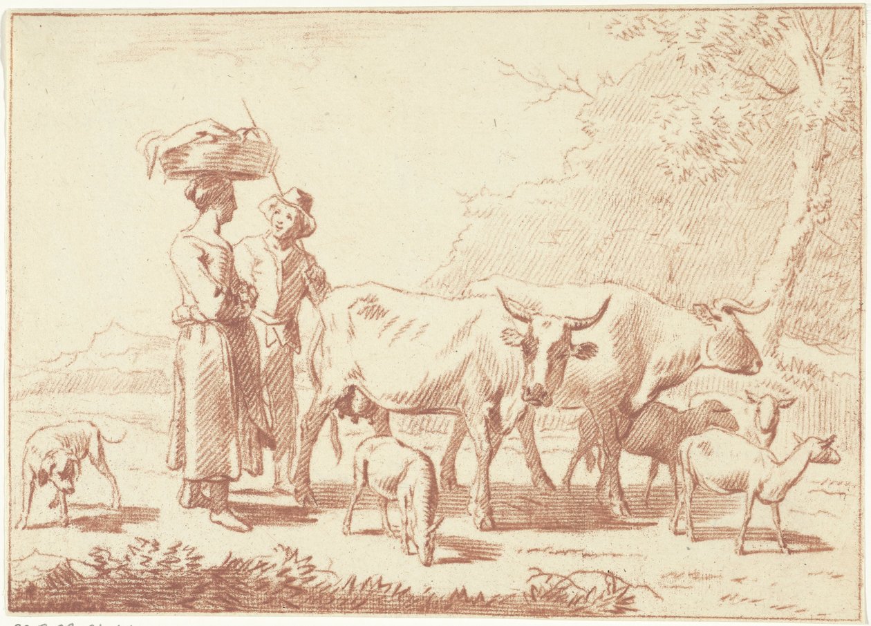 Hyrde og en kvinne med kyr og sauer av Cornelis van Noorde