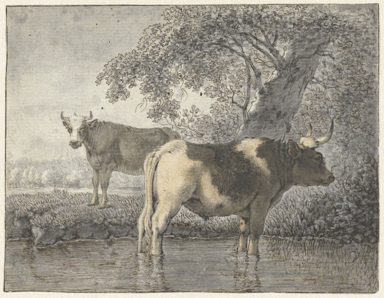 To kyr under et tre ved vannet av Cornelis van Noorde
