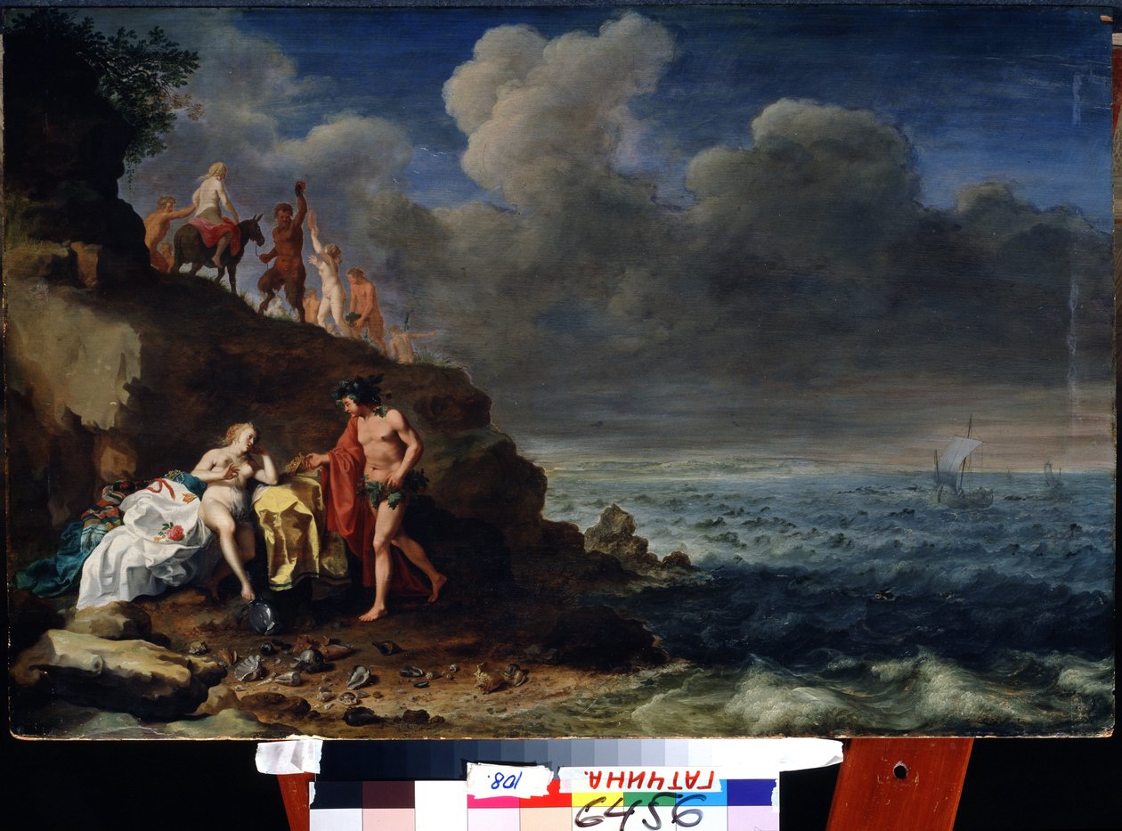 Dionysos og Ariadne på øya Naxos. (Bacchus og Ariadne på øya Naxos). Maleri av Cornelis Van Poelenburgh (1594/95-1667) Olje på tre. Kunst i nederlandsk barokkstil. Statens friluftsmuseum Pavlovsk-palasset, St. Petersburg. av Cornelis van Poelenburgh