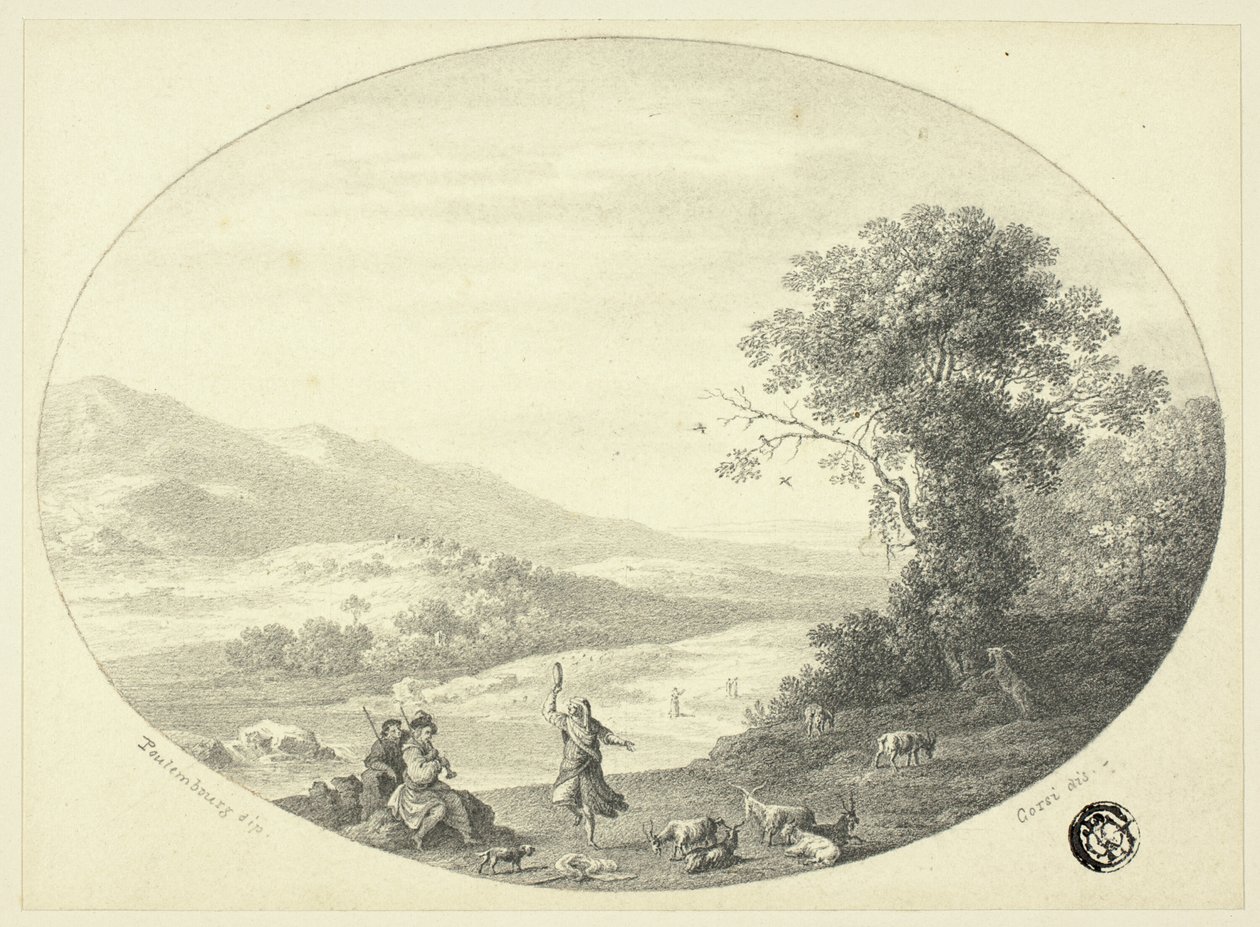 Italiensk landskap med dansere, musikere og geiter av Cornelis van Poelenburgh