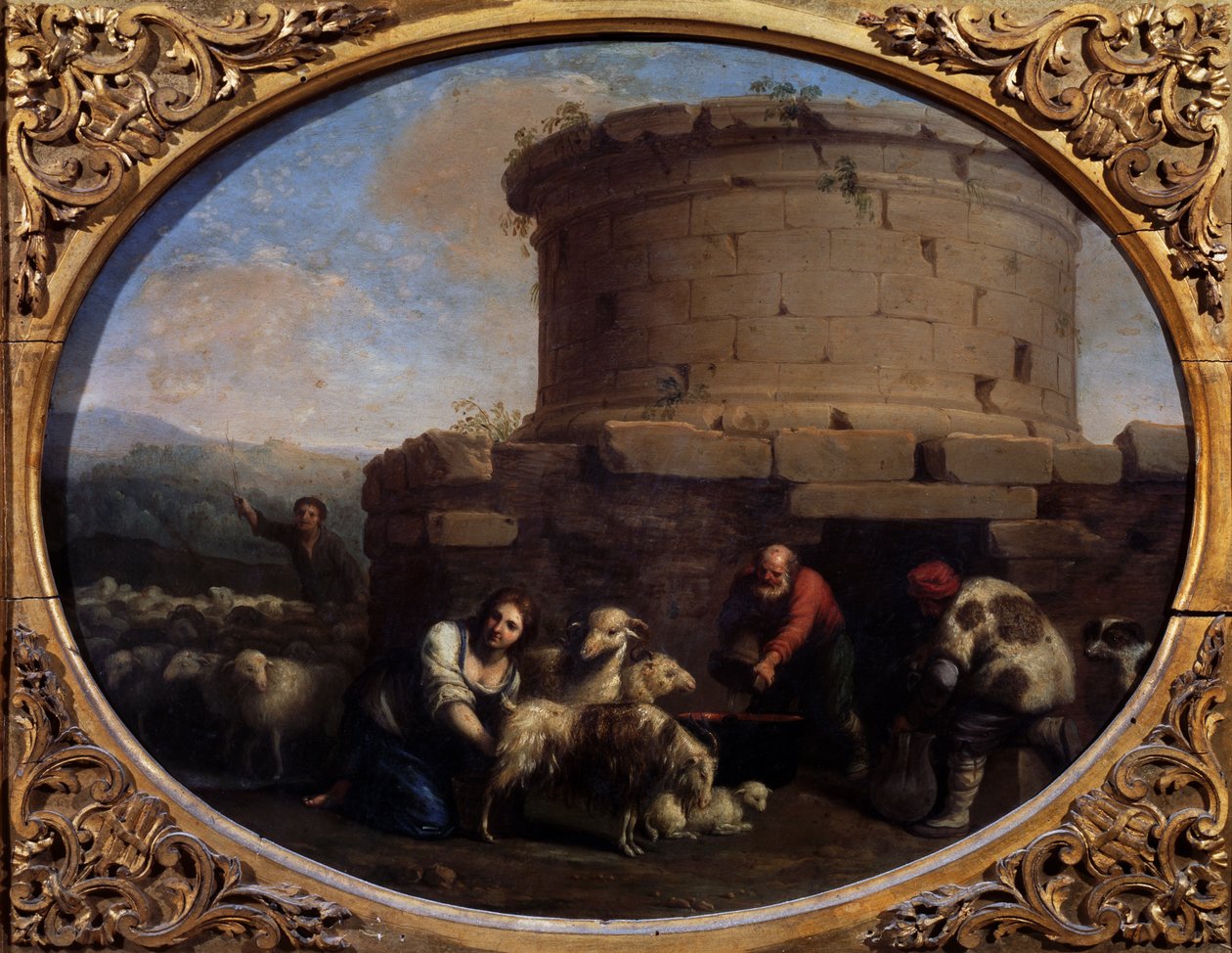 Hyrder, flokker og bønder ved en fontene i Roma (olje på lerret) av Cornelis van Poelenburgh
