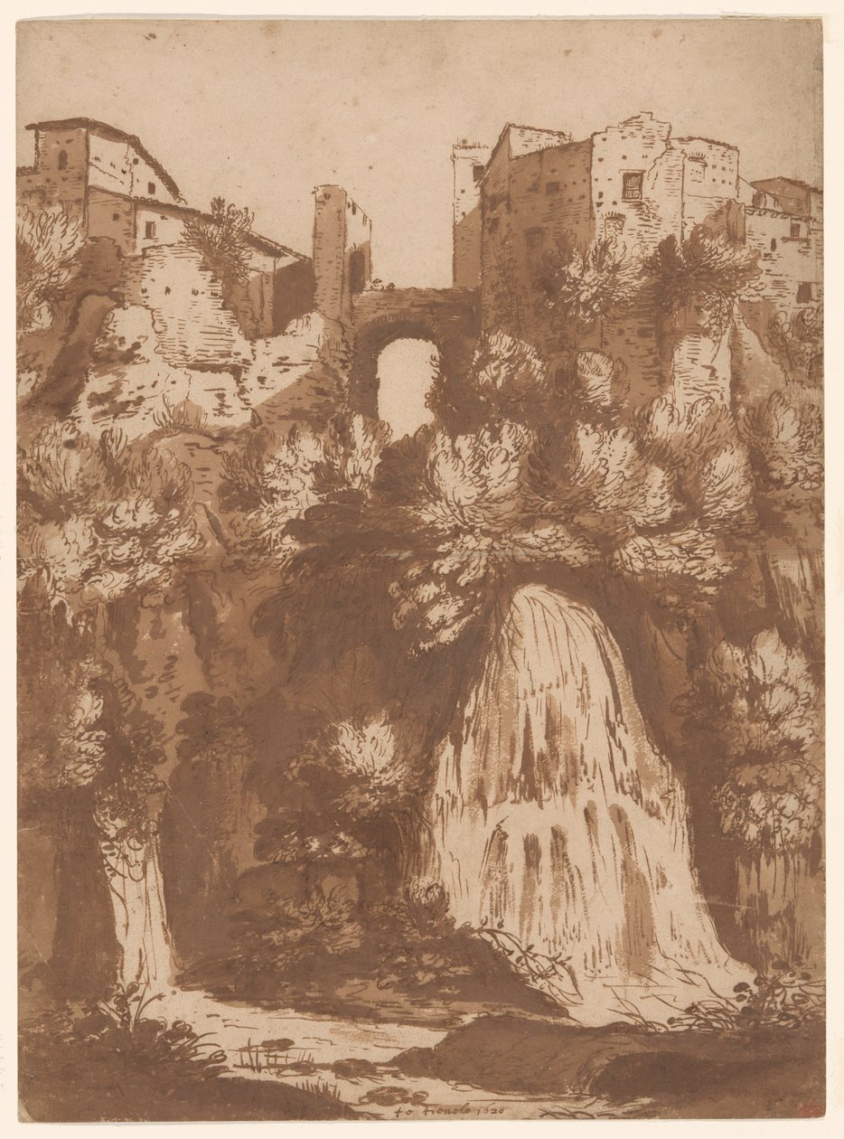 Utsikt over Tivoli med broen over Anio-fossen av Cornelis van Poelenburgh