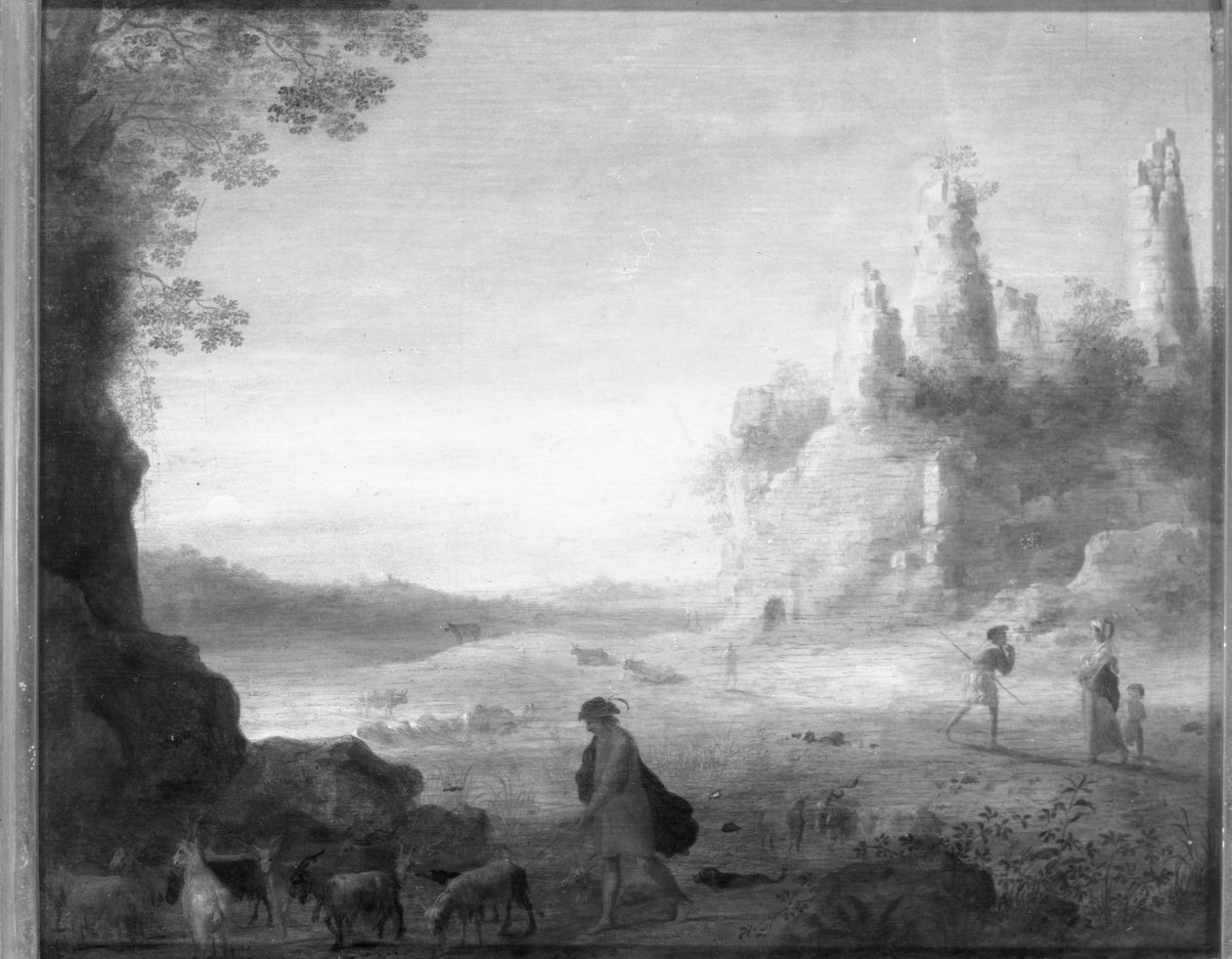 Italiensk landskap med Diana og Callisto med en geitegjeter nær et slottsruin av Cornelis van Poelenburgh or Poelenburch